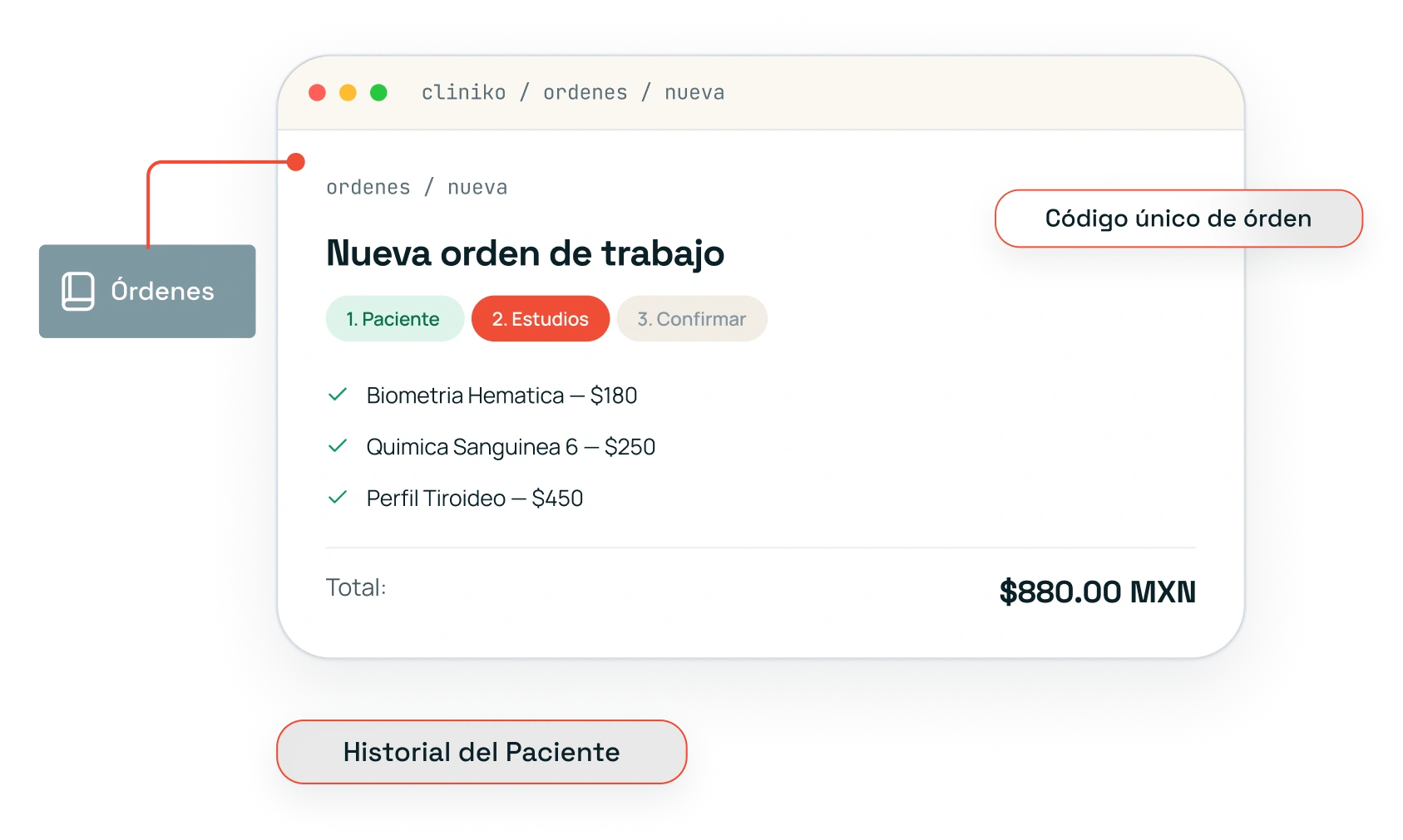 Módulo de facturación de Cliniko que calcula automáticamente el total de estudios de laboratorio seleccionados