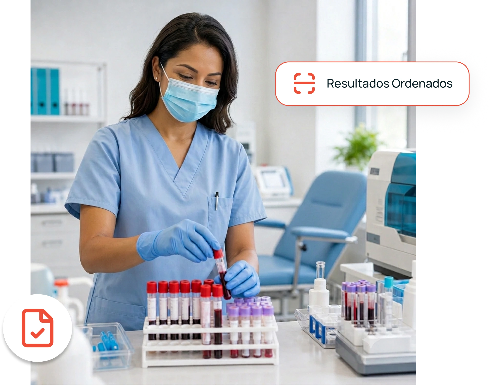 Especialista de laboratorio organiza tubos de muestras de sangre junto a equipos de análisis clínico automatizados