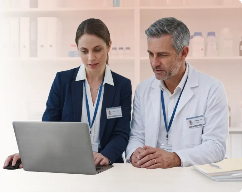 Dos profesionales de laboratorio analizan datos de software clínico en una computadora, uno de ellos vistiendo una bata médica
